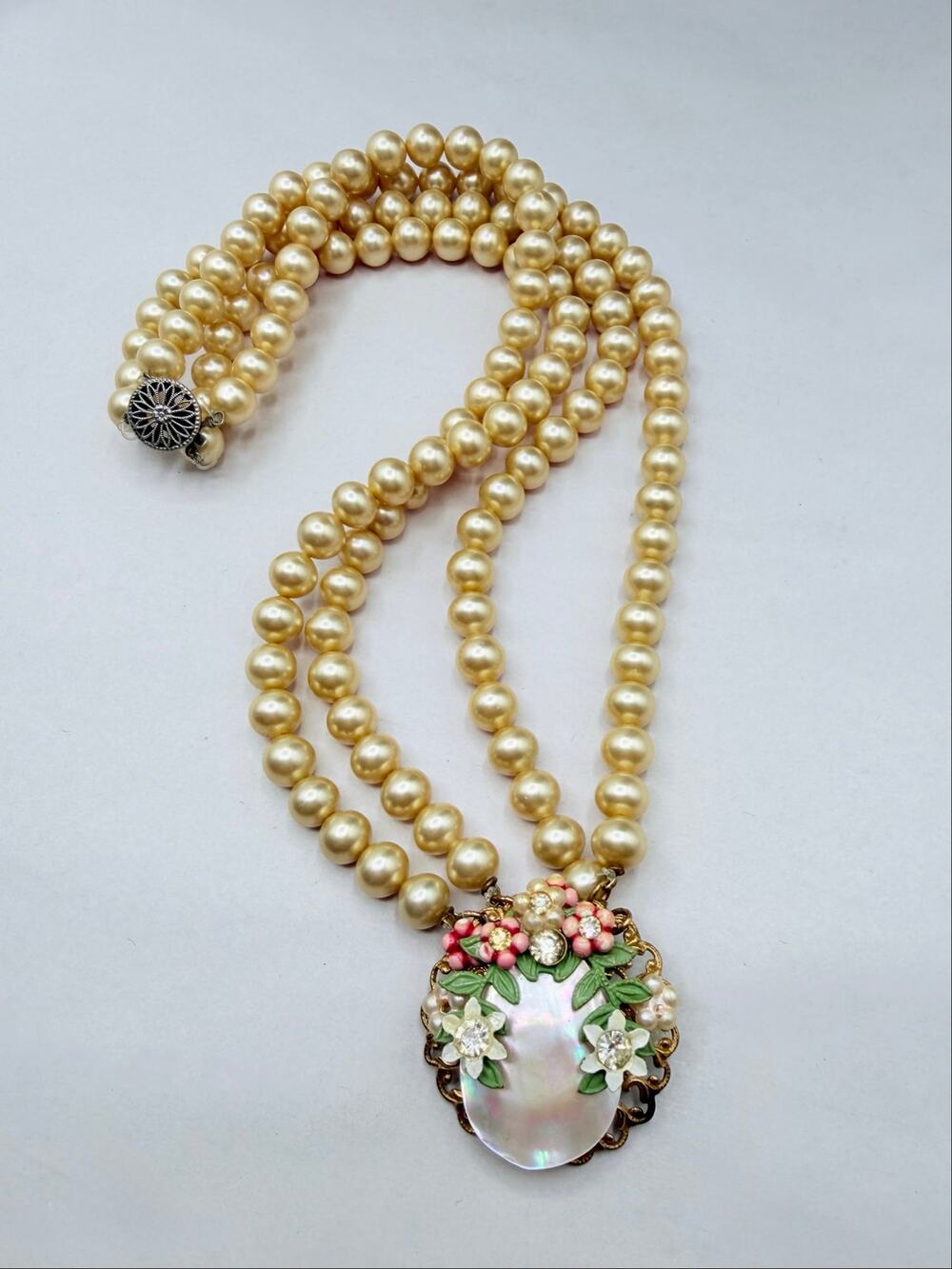Vintage Faux Pearl Floral MOP Medallion Necklace Sterling Clasp